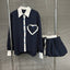 Fashion contrasting polo collar heart striped shirt top women's spring floral bud fluffy half skirt two-piece set - Korvel