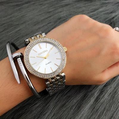 Ensemble de Montre Élégante en Argent avec Rhinestones pour Femmes