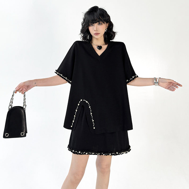 Fashion Set V-neck Solid Color Shoulder Pad T-shirt+Elastic Waist Short Skirt - Korvel