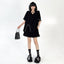 Fashion Set V-neck Solid Color Shoulder Pad T-shirt+Elastic Waist Short Skirt - Korvel