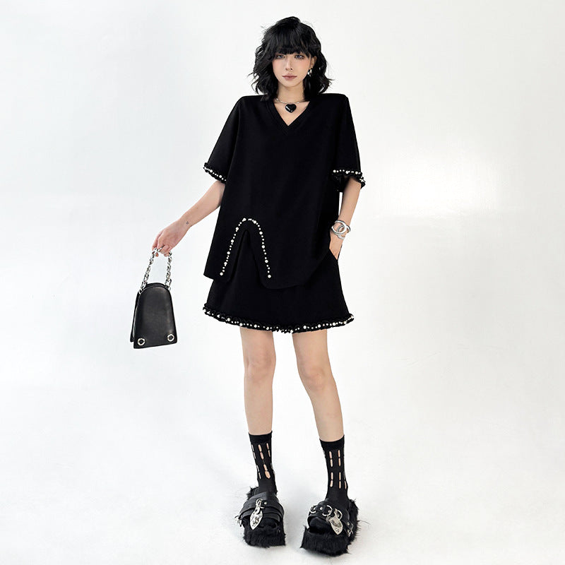 Fashion Set V-neck Solid Color Shoulder Pad T-shirt+Elastic Waist Short Skirt - Korvel
