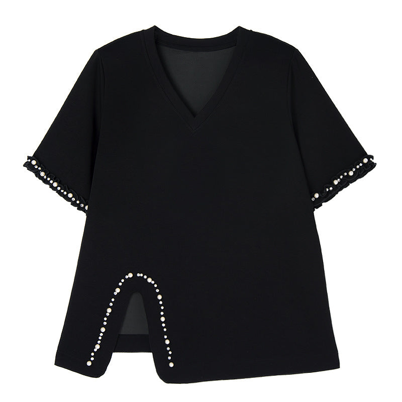 Fashion Set V-neck Solid Color Shoulder Pad T-shirt+Elastic Waist Short Skirt - Korvel
