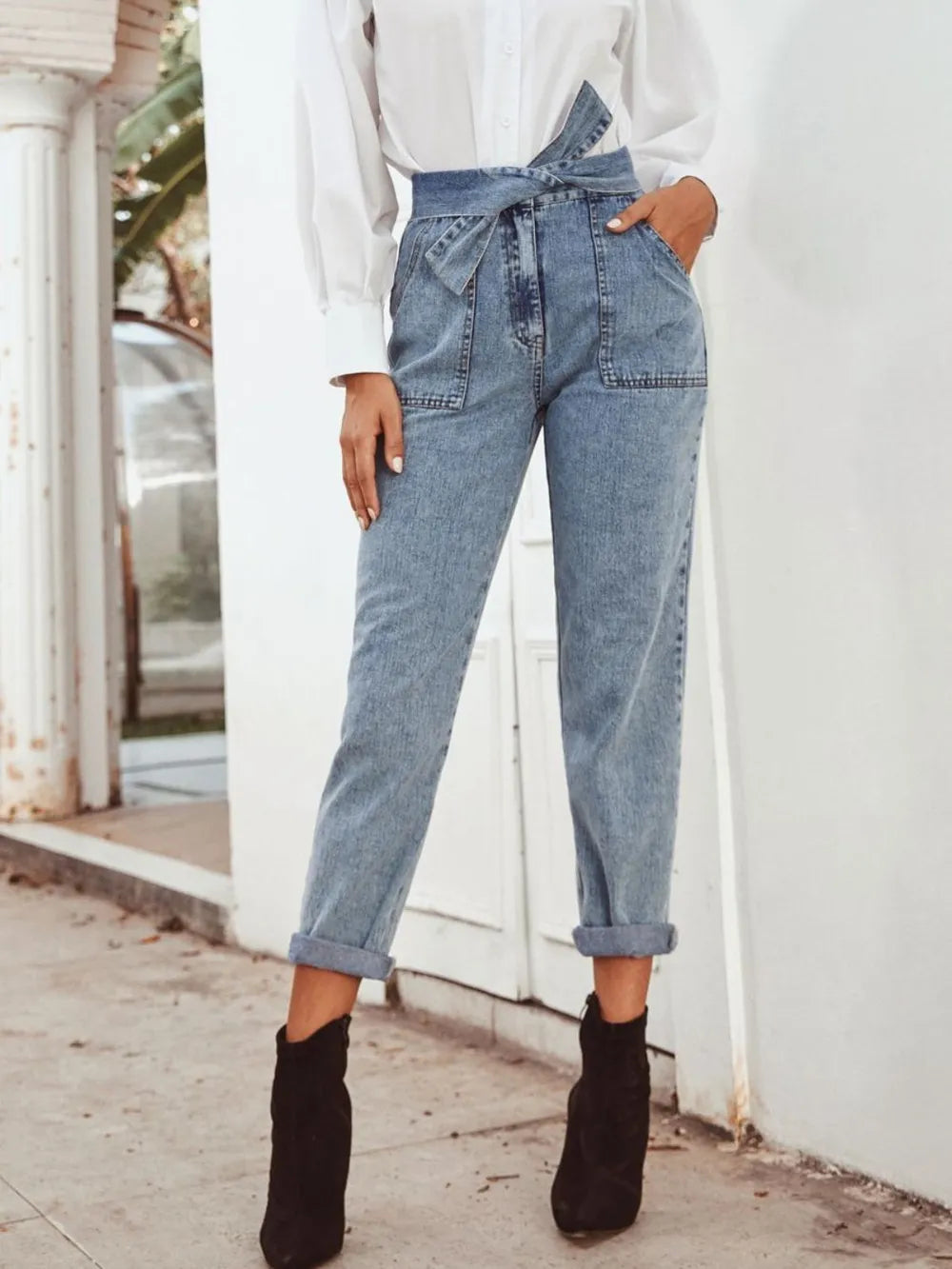 Fashionable and casual high waist slimming straight leg denim pants - Korvel