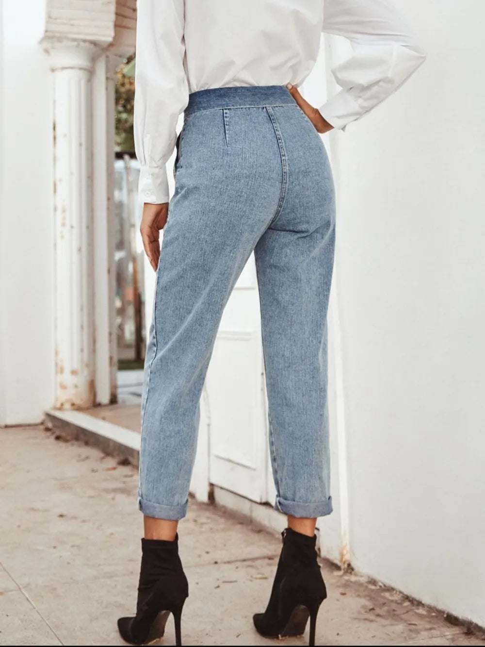 Fashionable and casual high waist slimming straight leg denim pants - Korvel