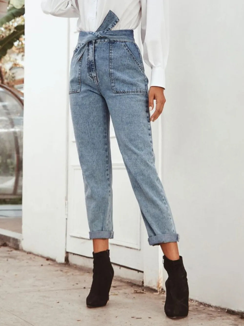 Fashionable and casual high waist slimming straight leg denim pants - Korvel