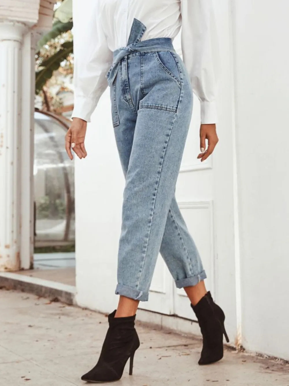 Fashionable and casual high waist slimming straight leg denim pants - Korvel