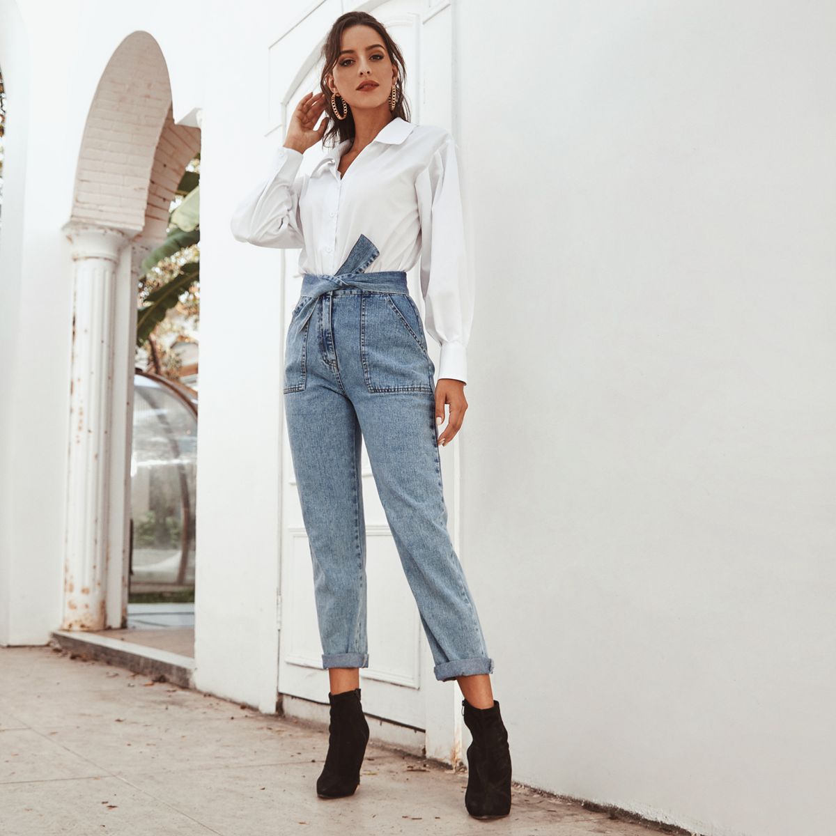 Fashionable and casual high waist slimming straight leg denim pants - Korvel