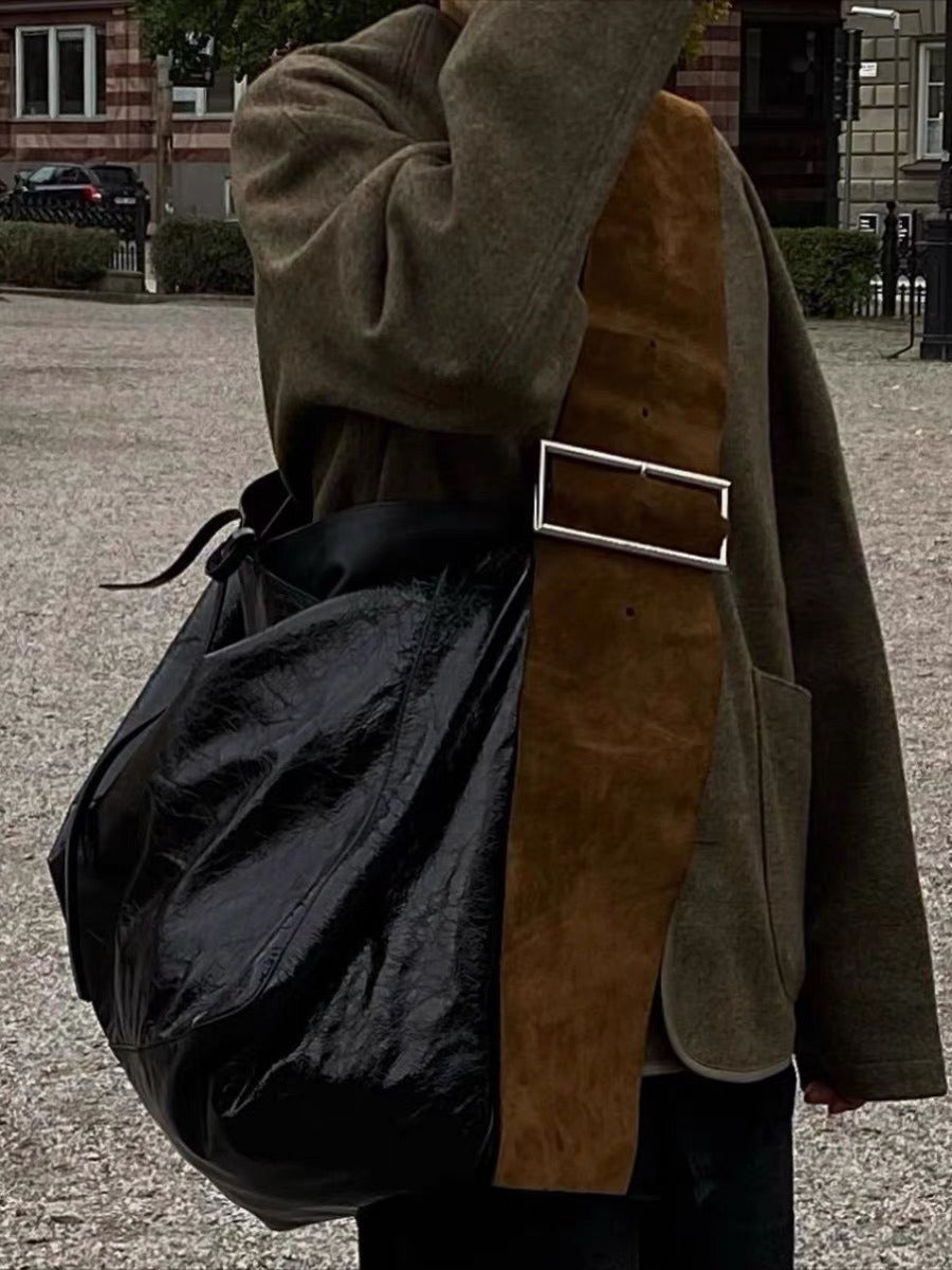 Fashionable and versatile contrasting color dark wide shoulder strap niche design single shoulder crossbody bag trendy - Korvel