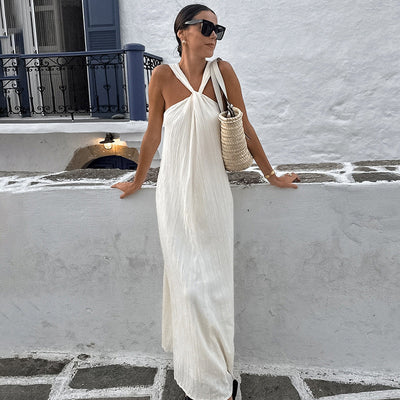 Fashionable and versatile design dress simple sleeveless off shoulder slim fit white long skirt for women - Korvel
