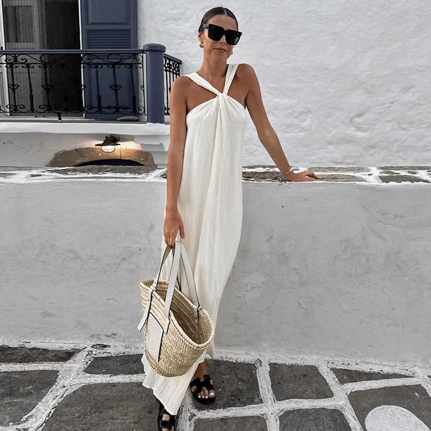 Fashionable and versatile design dress simple sleeveless off shoulder slim fit white long skirt for women - Korvel