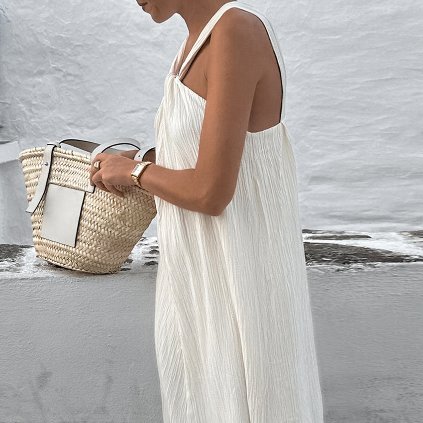 Fashionable and versatile design dress simple sleeveless off shoulder slim fit white long skirt for women - Korvel