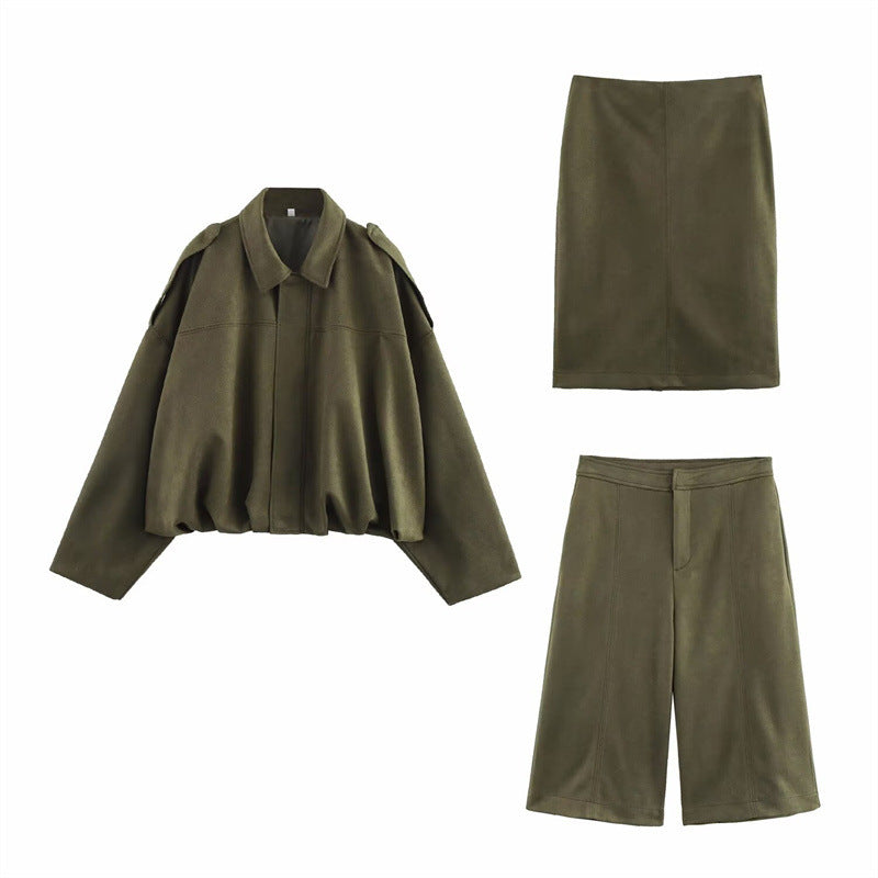 Fashionable lazy suede jacket bomber jacket shorts back skirt jacket set - Korvel
