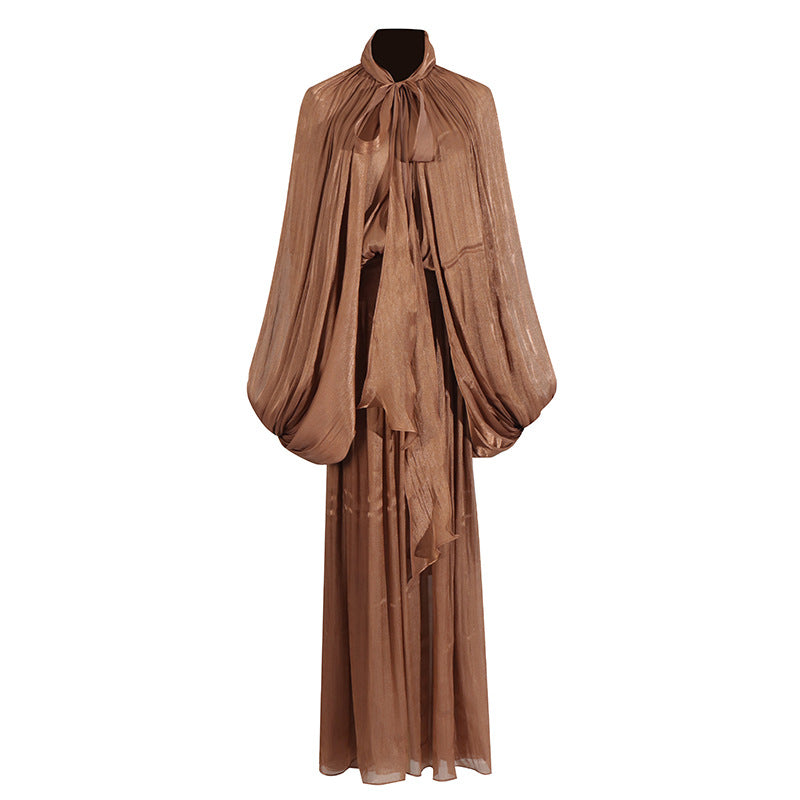 Fashionable niche design bat sleeve lace up pleated dress for women - Korvel