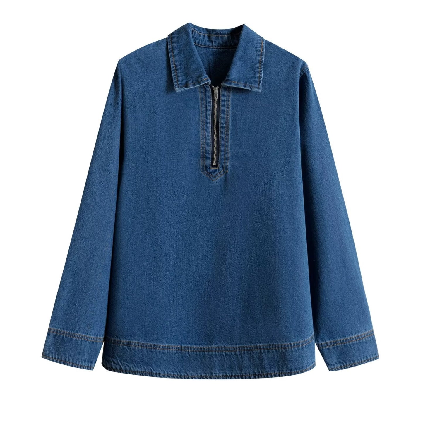 Fashionable retro long sleeved lapel denim shirt top - Korvel