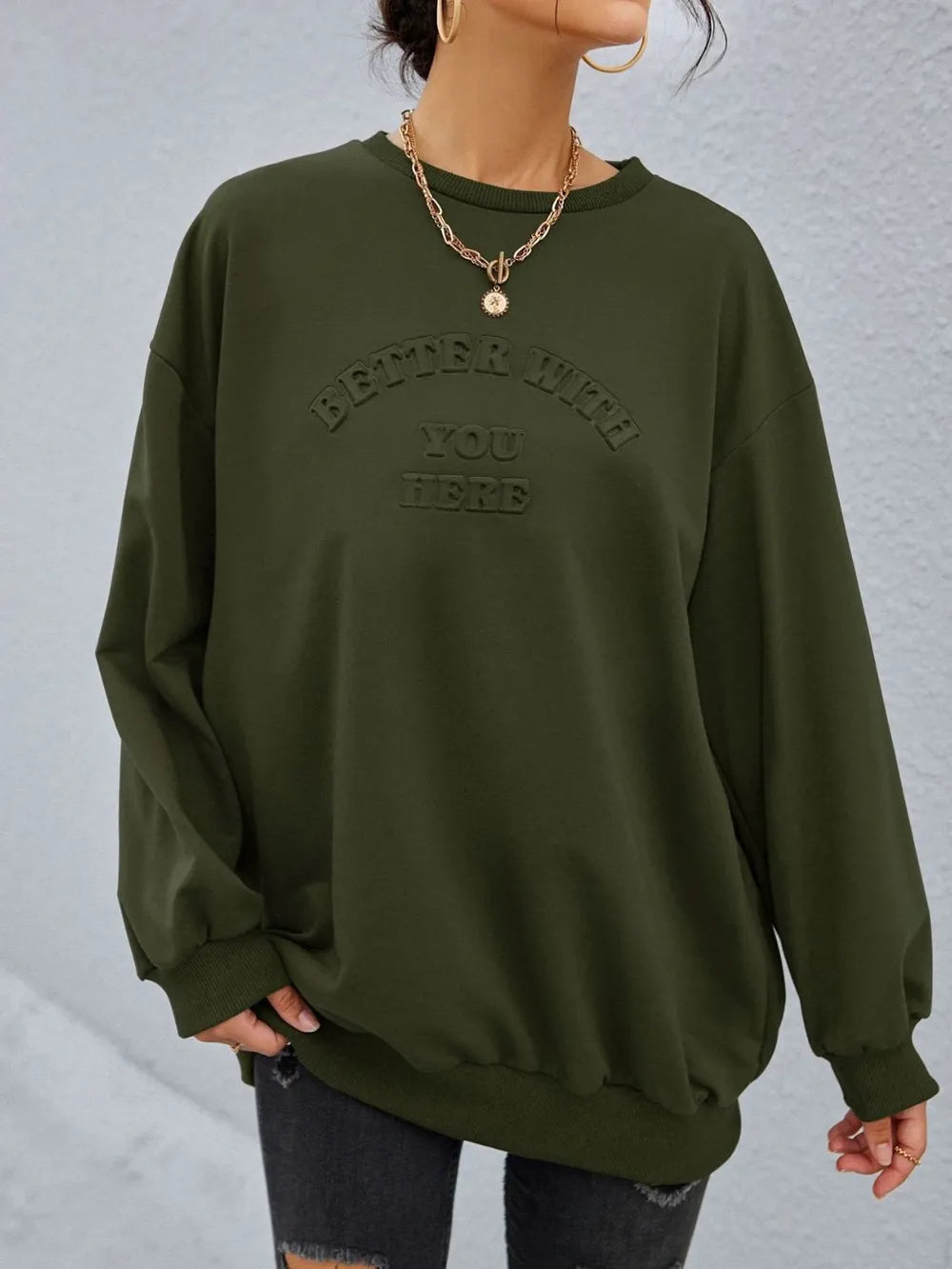 Fashionable round neck long sleeved letter solid color loose hoodie - Korvel