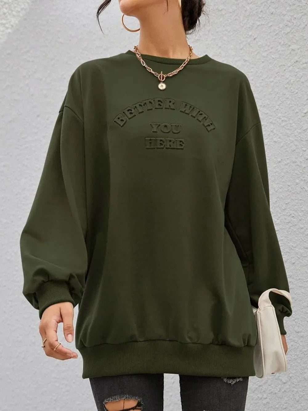 Fashionable round neck long sleeved letter solid color loose hoodie - Korvel