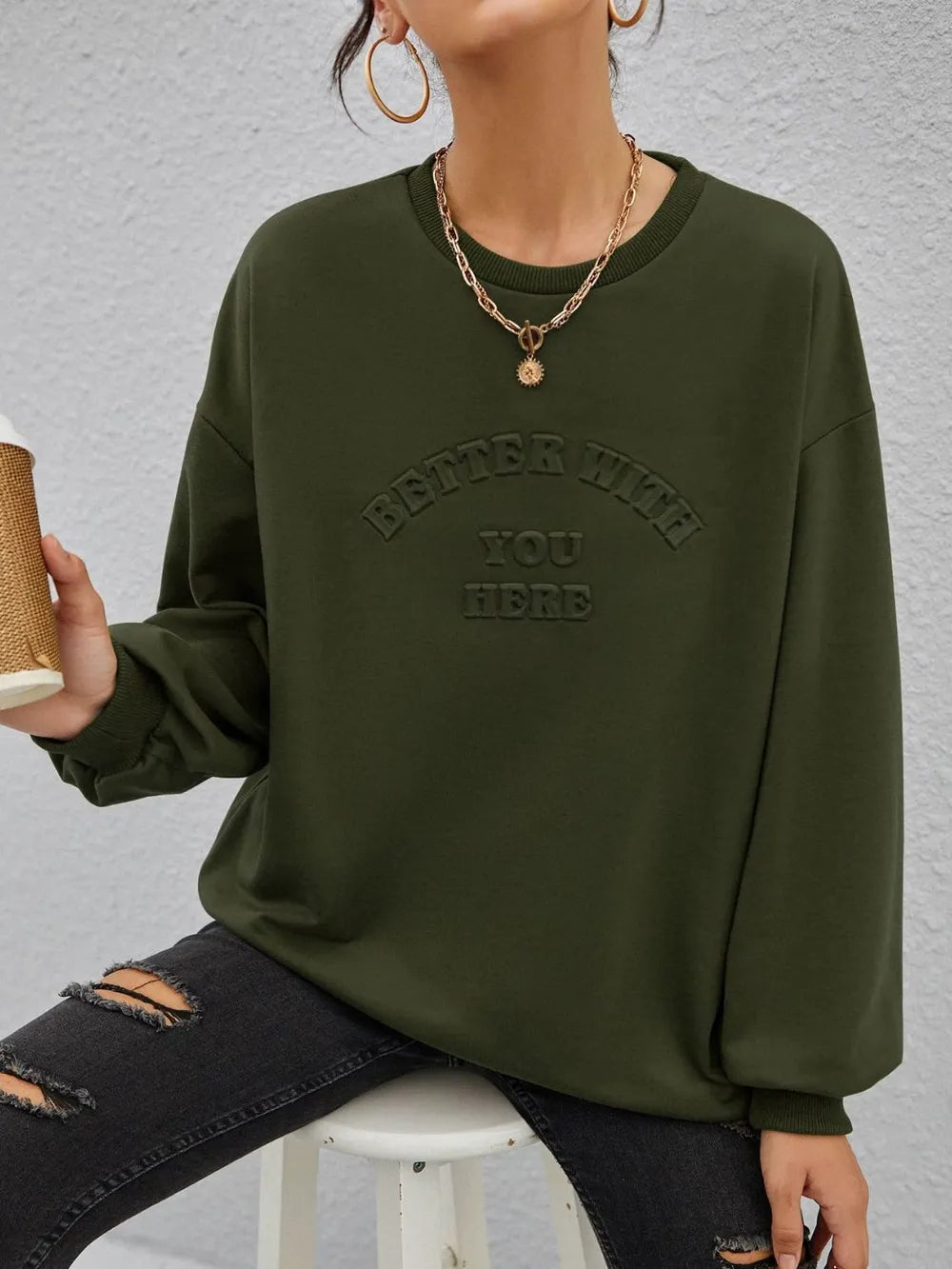 Fashionable round neck long sleeved letter solid color loose hoodie - Korvel