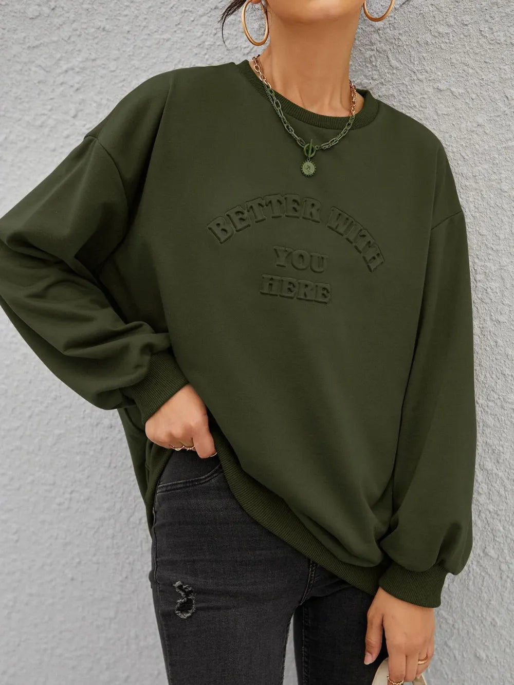 Fashionable round neck long sleeved letter solid color loose hoodie - Korvel