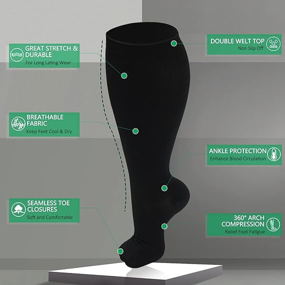 Fat and enlarged black fat compression socks super wide calf and knee length socks men's and women's pressure socks 2XL-7XL - Korvel