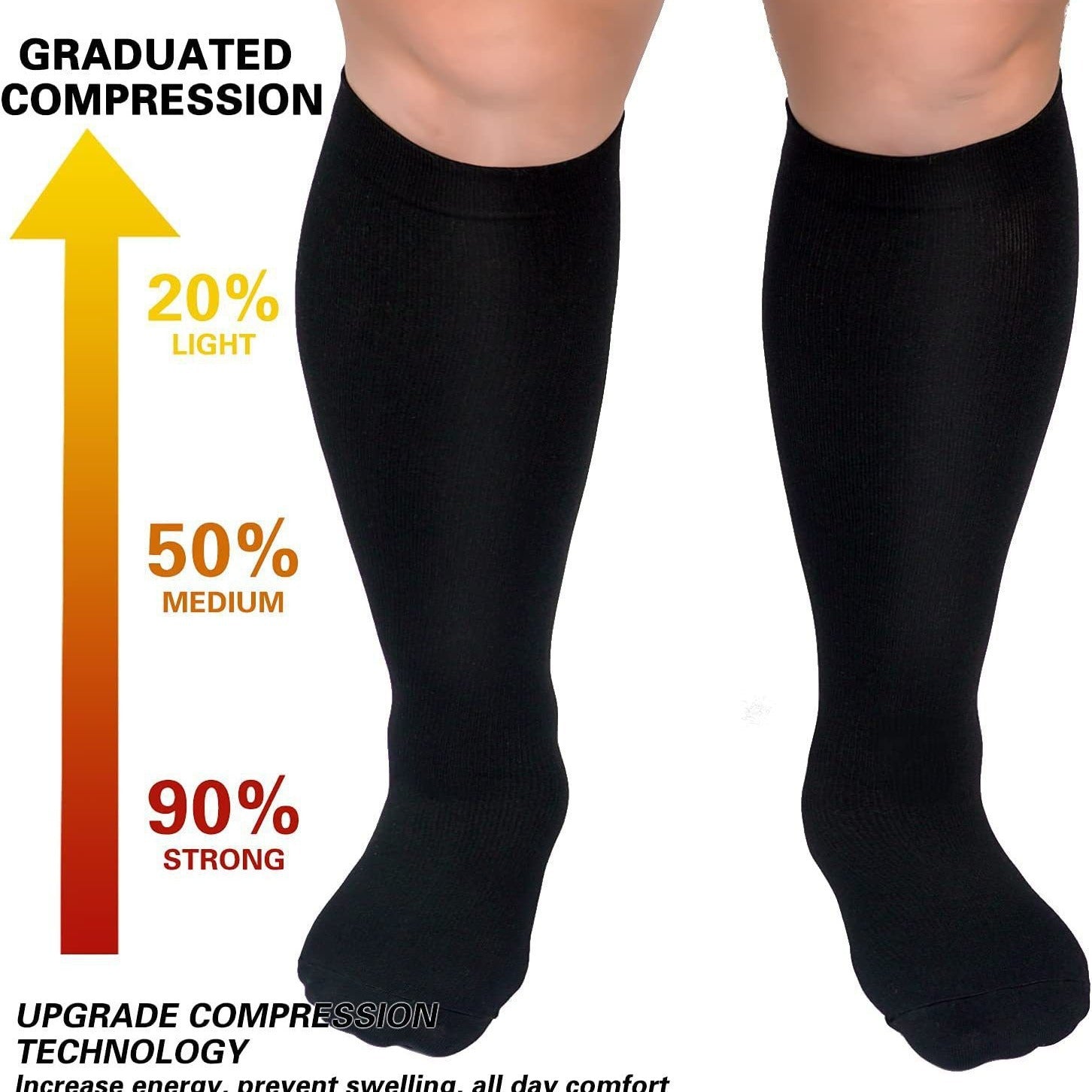 Fat and enlarged black fat compression socks super wide calf and knee length socks men's and women's pressure socks 2XL-7XL - Korvel