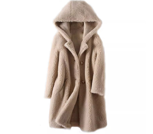 Women's Mid-Length Hooded Coat in Composite Leather and Fur