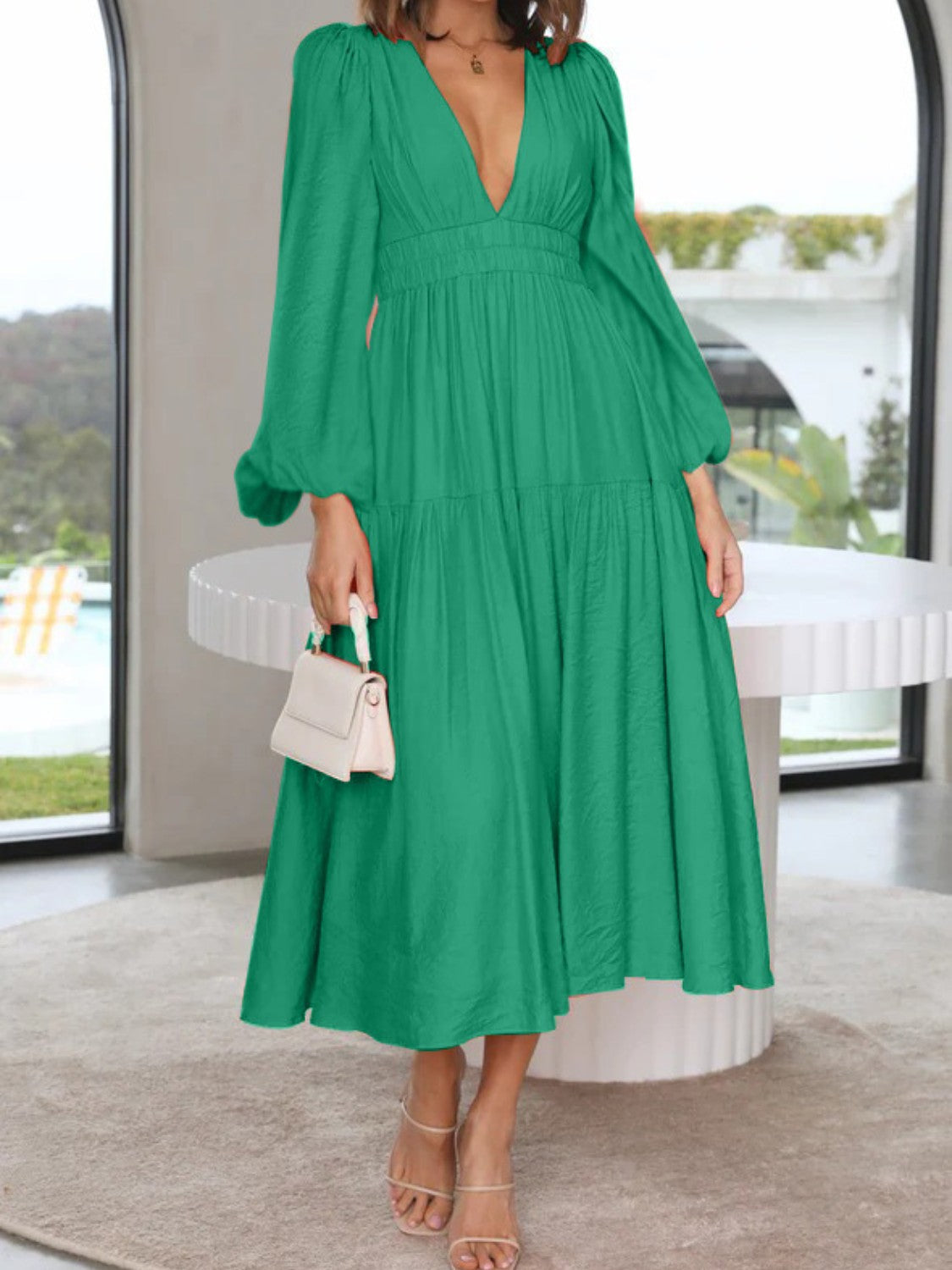 Elegant Lightweight Deep V-Neck Balloon Sleeve Maxi Dress