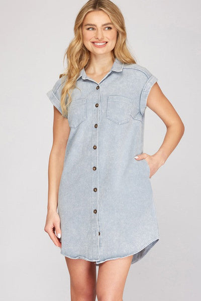 Blue Grey Plus Size Button-Down Shirt Dress