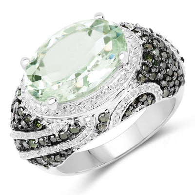 5.98 Carat Green Amethyst & Diamond Sterling Silver Ring