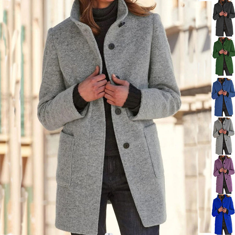 Manteau en Laine à Col Montant avec Poches pour Femmes
