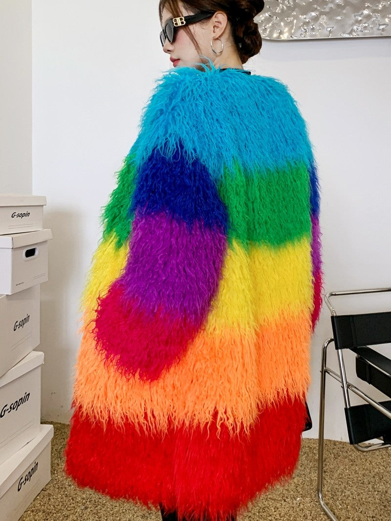Contrast-Color Plush Patchwork Overcoat