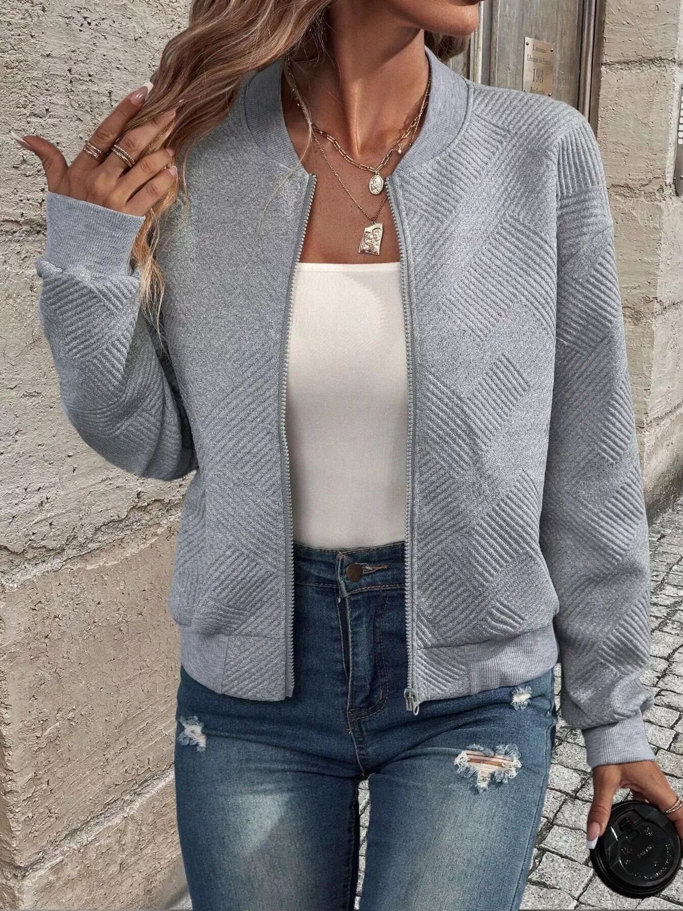 Veste Bomber à Fermeture Éclair Texturée