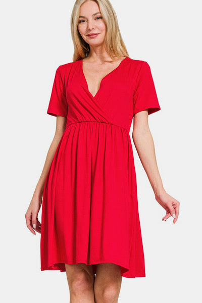 Elegant Surplice Short Sleeve Brushed Dress