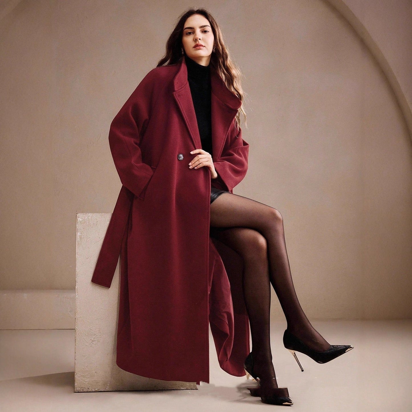 Manteau long en laine à double boutonnage pour femmes en bordeaux
