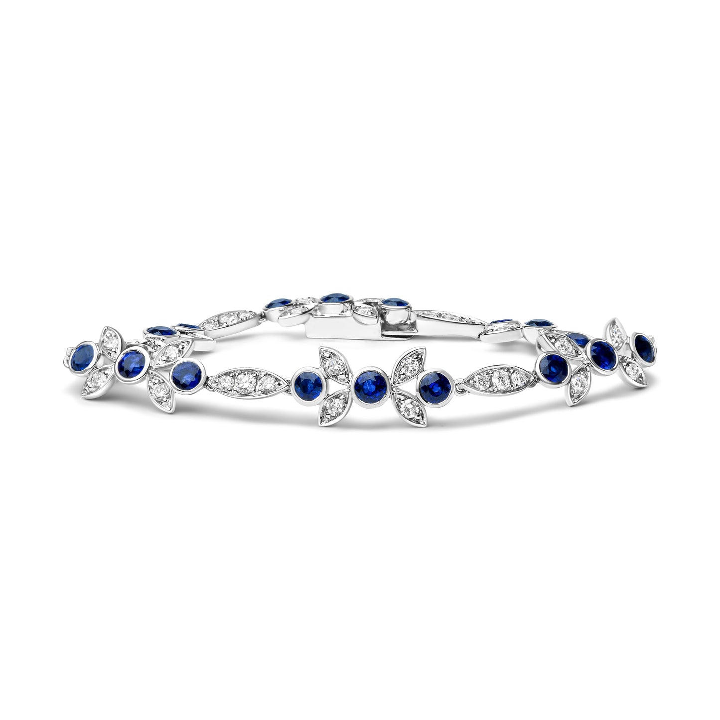 18K White Gold Diamond & Blue Sapphire Floral Link Bracelet - Size 7"