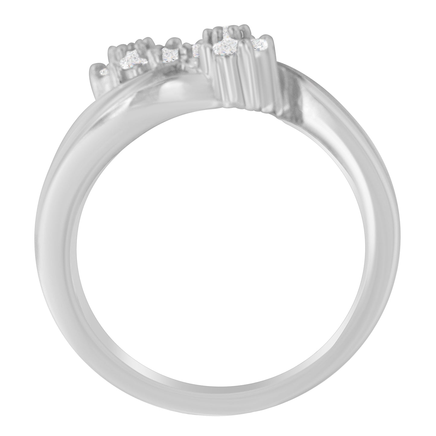 14K White Gold Round and Baguette Diamond Bypass Ring - Size 6