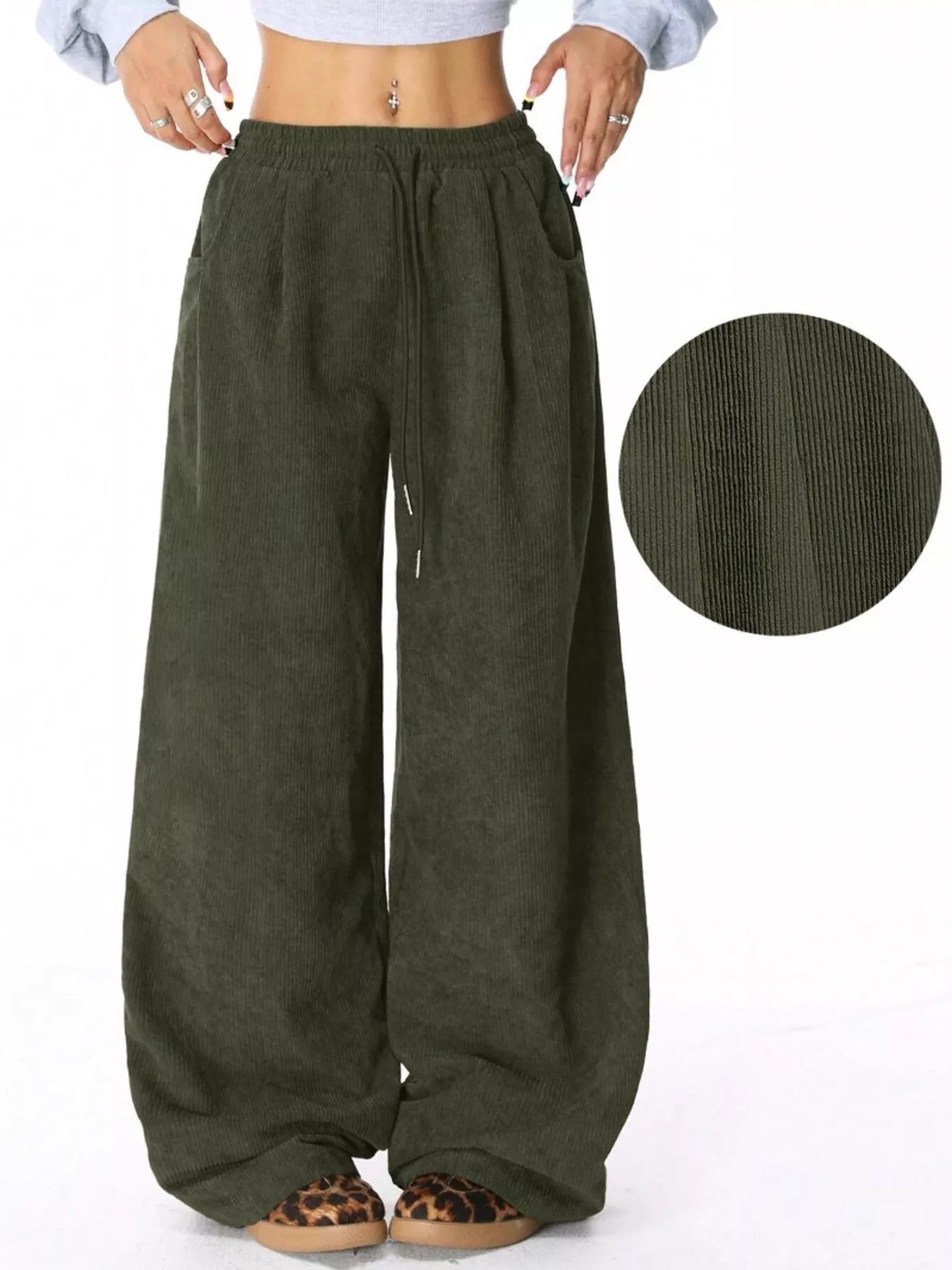 Pantalons en velours côtelé à taille élastique et jambes larges
