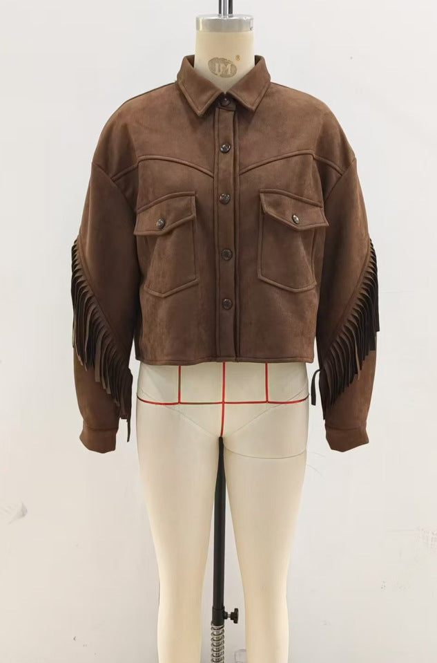 Manteau Trench Élégant Marron avec Détails en Frange au Col