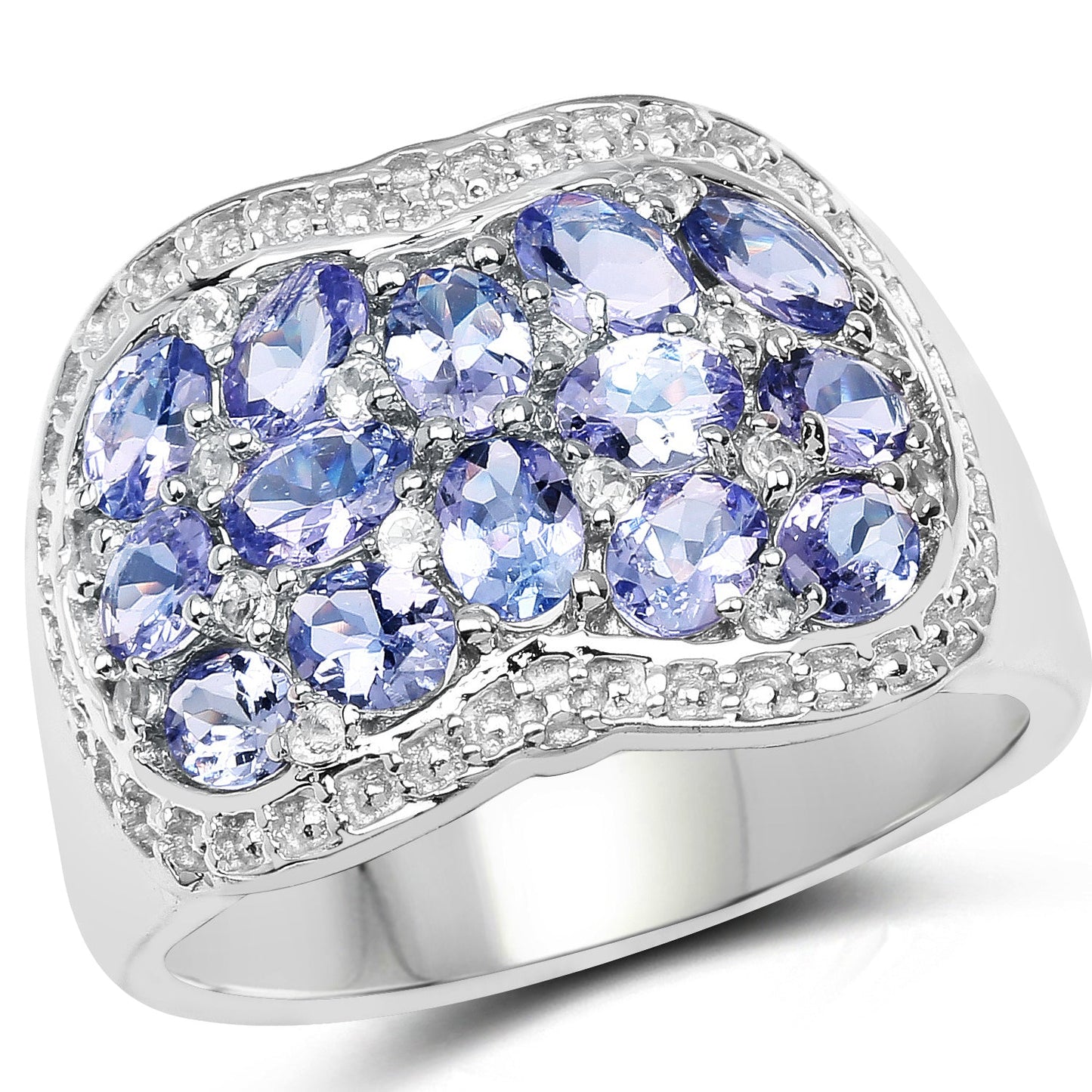 Bague en argent sterling avec tanzanite véritable de 2,62 carats et topaze blanche