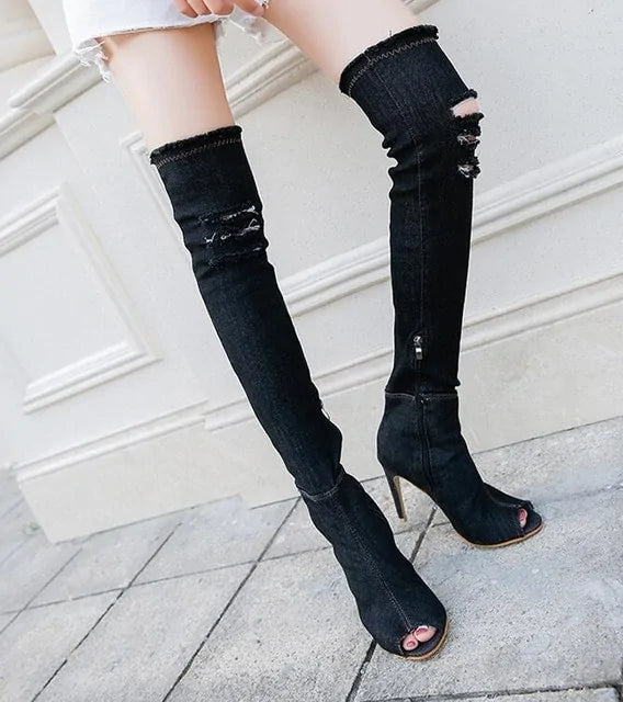 Bottes en Denim Stylées au Dessus du Genou
