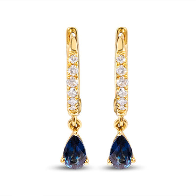 Pendientes de aro colgantes de zafiro azul y diamante en oro amarillo de 10 quilates