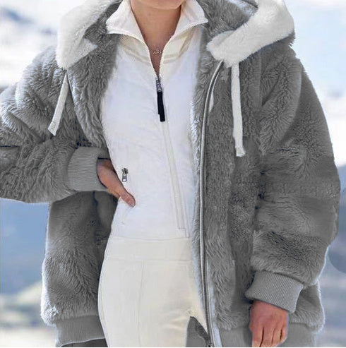 Autumn and Winter Loose Plush Zipper Hooded Jacket