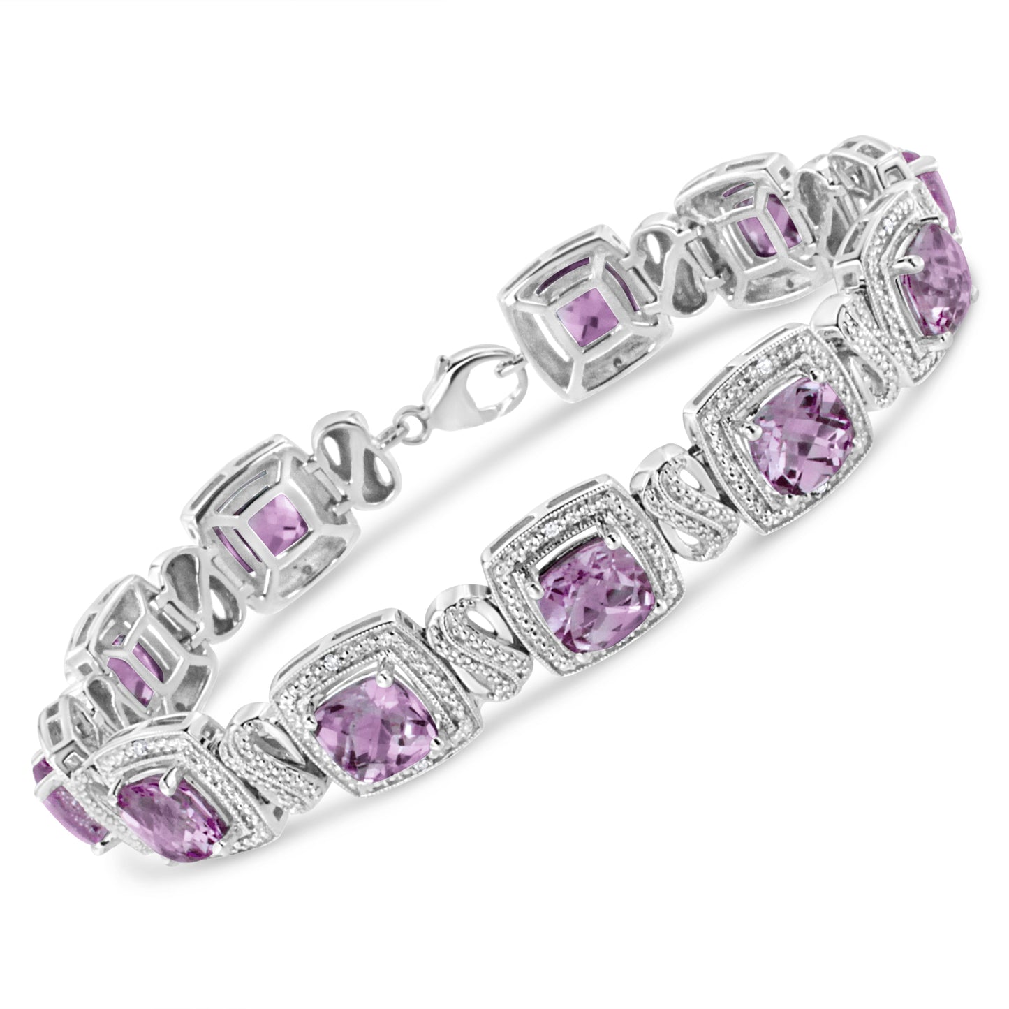 Bracelet de tennis en argent sterling .925 avec améthyste taillée en coussin et diamants - 7"