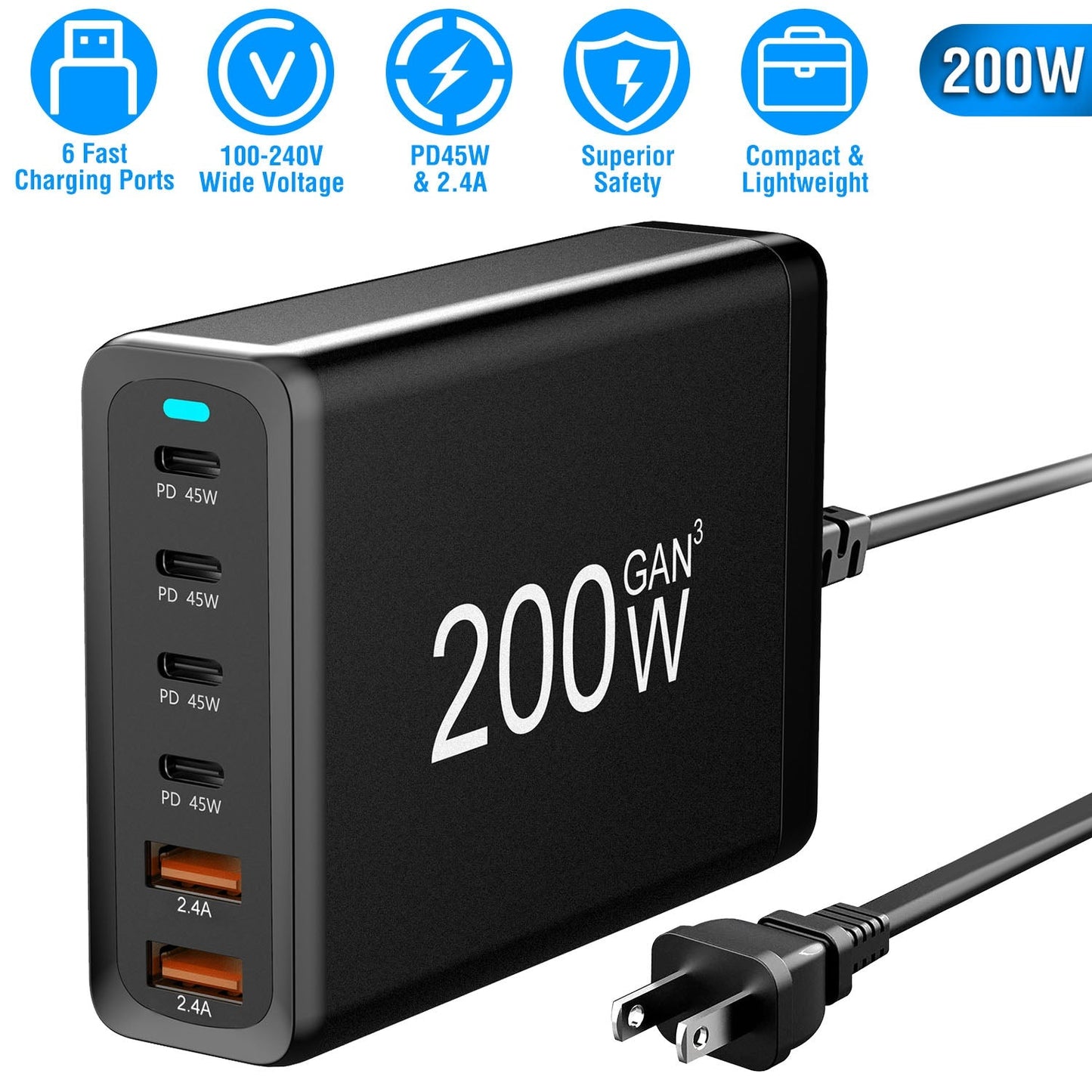 200W Fast Wall Charger with 6 Ports - Premium USB Charging Station