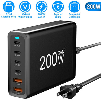 200W Fast Wall Charger with 6 Ports - Premium USB Charging Station