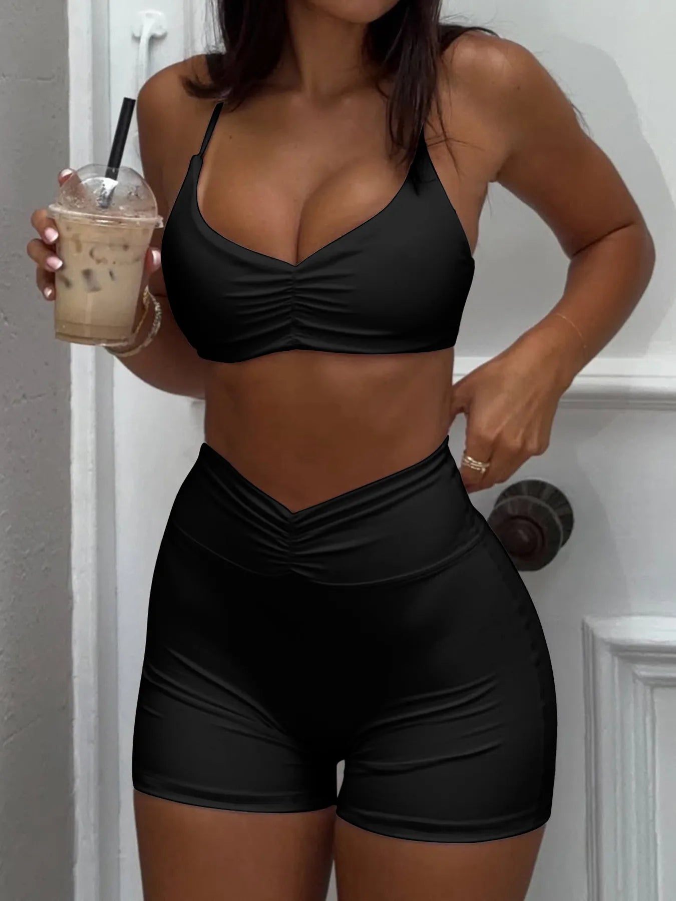 Ruched Sports Bra & High-Waisted Shorts Active Set
