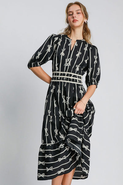 Bow Tie Print Notched Velvet Trim Midi Dress