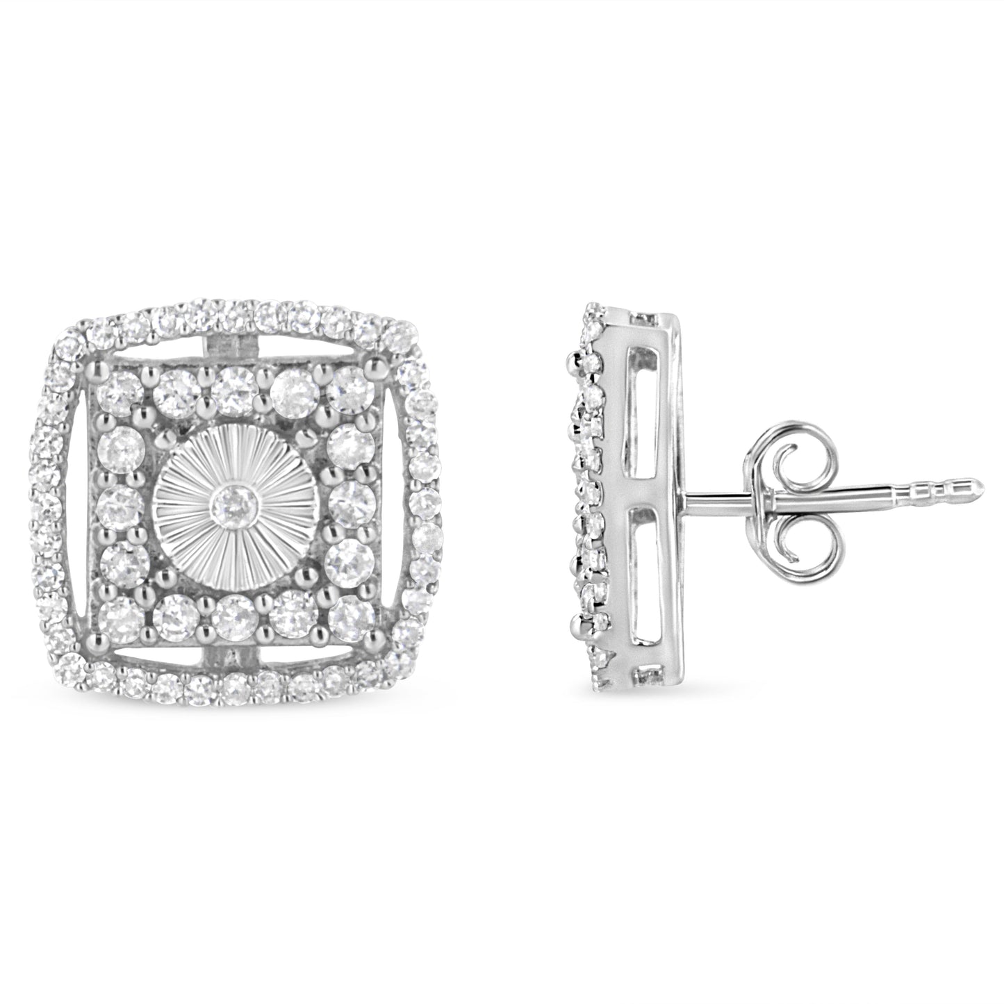Boucles d'oreilles en argent sterling 925 avec diamants ronds en double halo