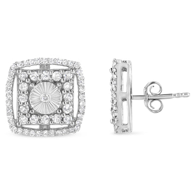 Pendientes de aro doble halo de diamantes redondos de plata esterlina .925