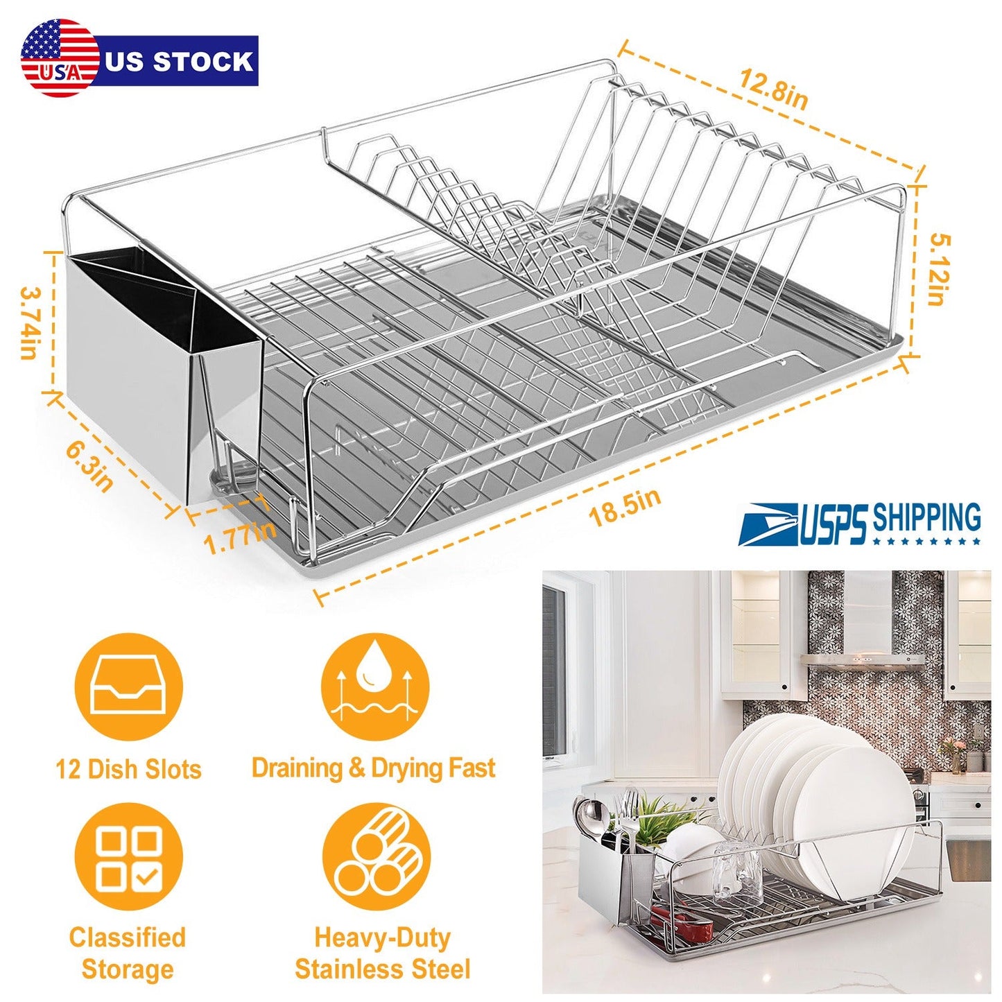 Escurridor de Platos de Acero Inoxidable Premium con Soporte para Cubiertos