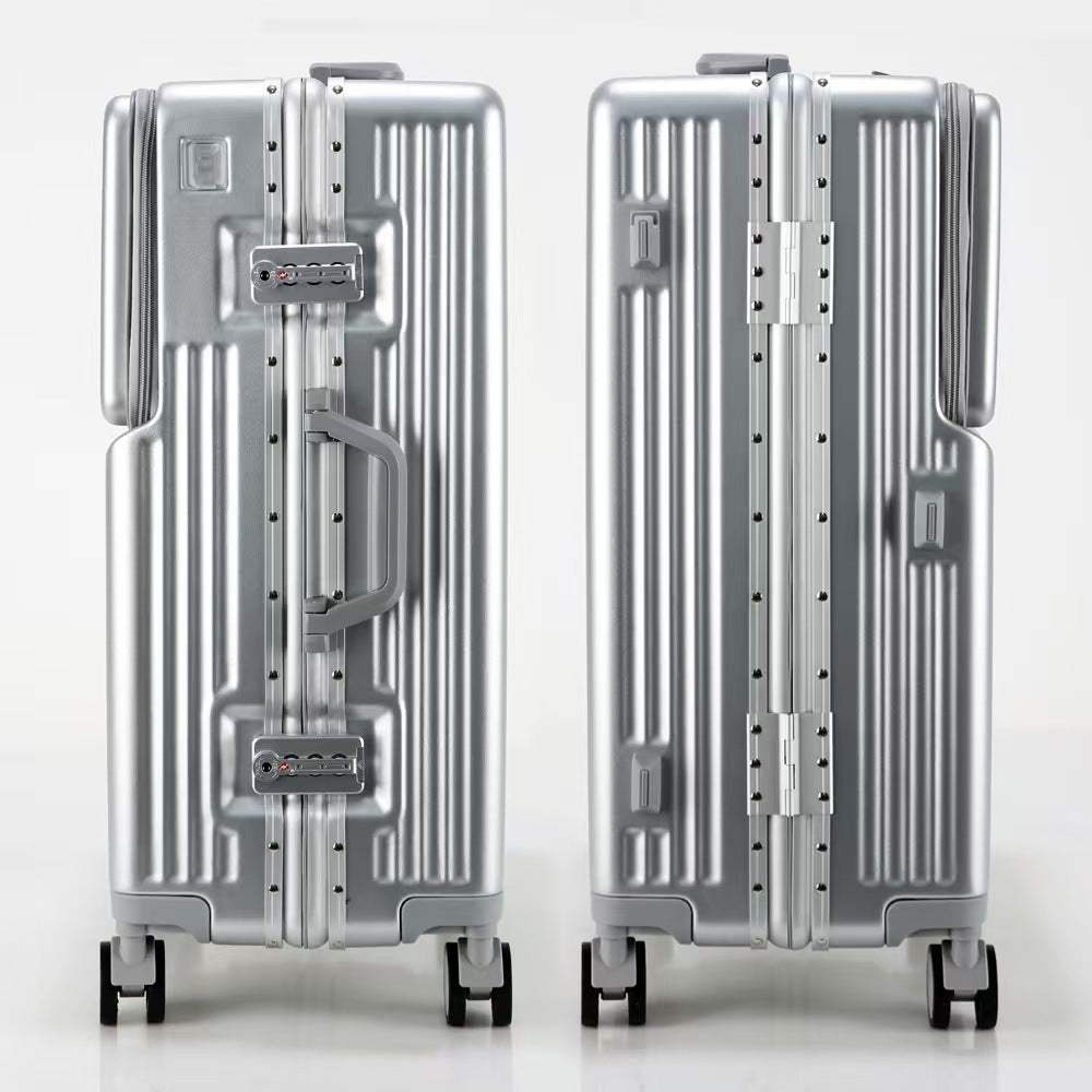 Premium Front-Opening Checked Suitcase with Aluminum Frame